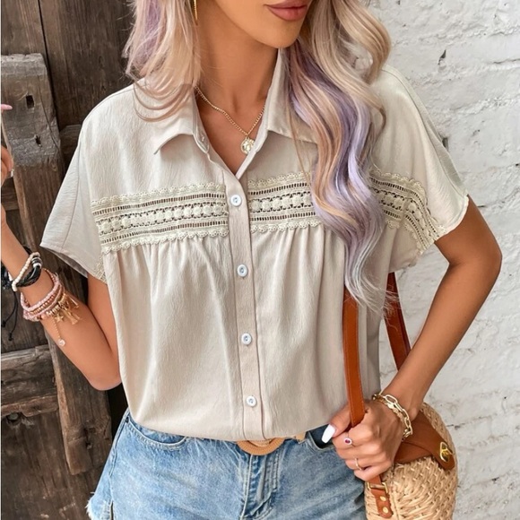 Contrast Lace Batwing Sleeve Shirt - Picture 1 of 11